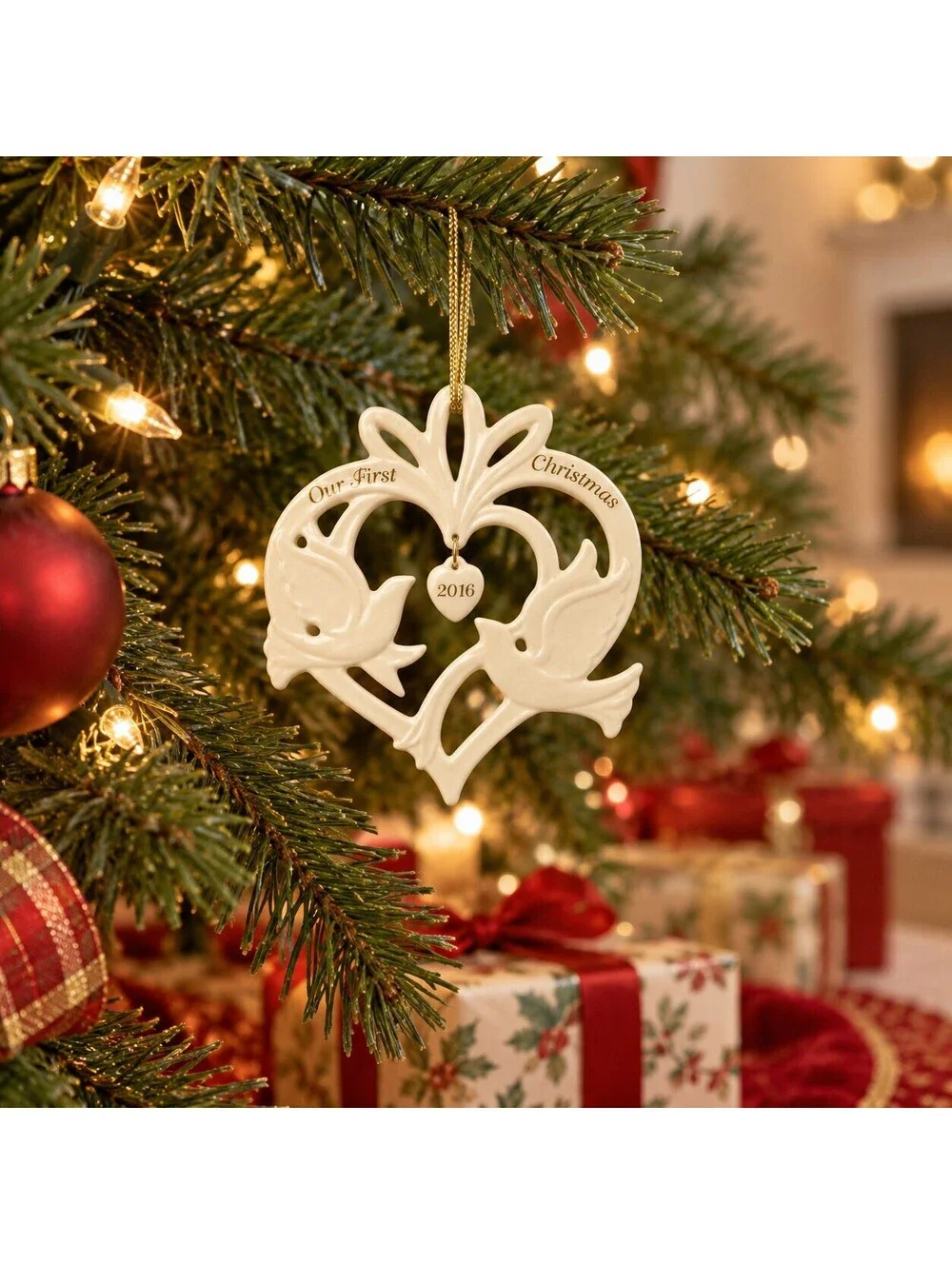 Lenox Ornament Our First Christmas 2016, Original Box Porcelain Doves Heart
